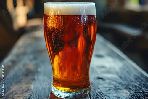 Amber craft beer in pint glass on rustic wooden bar counter with foam head and bubbles, backlit by warm lighting creating rich golden hues and texture. photo