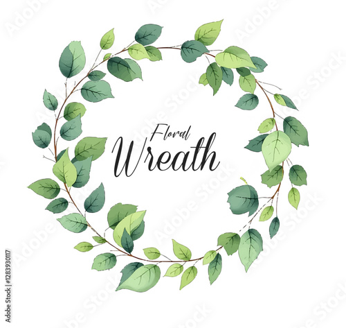Watercolor green leaves wreath leaf boarder simple leafy hand painted isolated on white background frame wedding baby shower invitation cards save the date .	