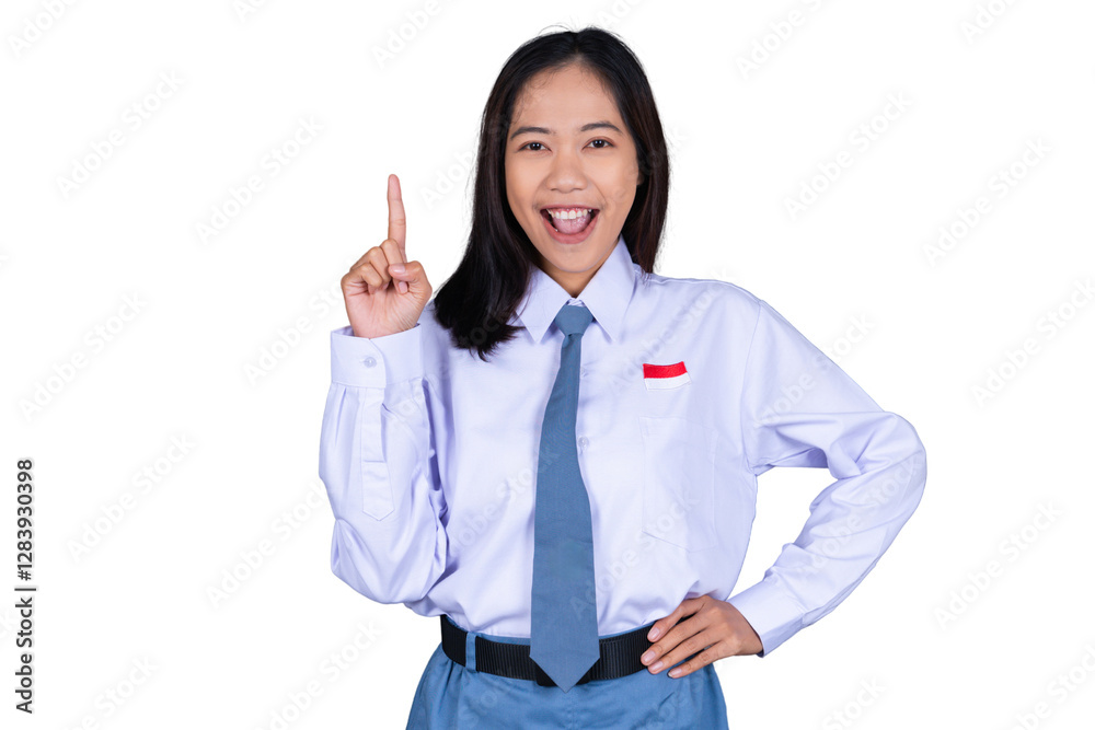 Indonesian Female High School Student in Uniform Smiling While Pointing Finger Isolated Transparent Indonesian Female High School Student in Uniform Smiling While Pointing Finger Isolated Transparent
