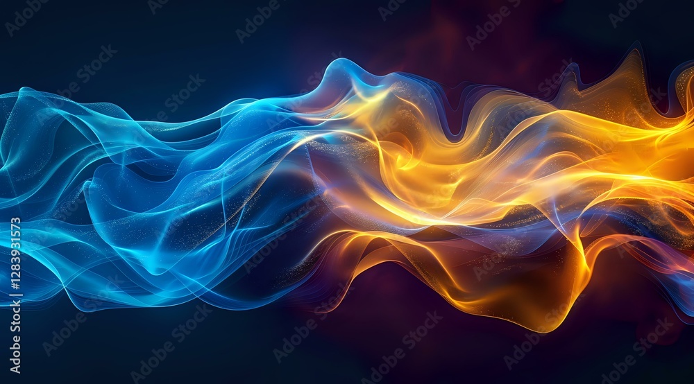 Obraz premium Ethereal blue and orange smoke waves colliding in dramatic contrast against dark background, creating dynamic flowing abstract shapes for creative design projects.