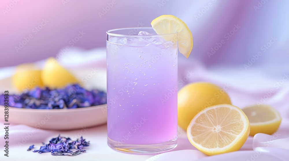 Refreshing lavender lemonade with ice and lemon slices on a soft pastel background Refreshing lavender lemonade with ice and lemon slices on a soft pastel background