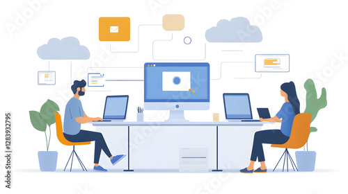 Tech professionals monitoring cloud service performance on multiple connected devices, futuristic workspace, data-driven testing, high resolution