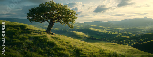 A tree stands on the grassy hill overlooking green mountains
