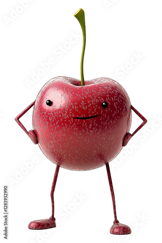 Two ripe red cherries with stems on a white background