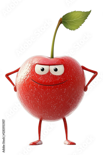 A ripe red apple with a fresh green leaf and a sweet, juicy red cherry