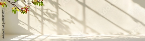 Natural light casting shadows on a blank wall with vibrant green leaves in a serene indoor environment