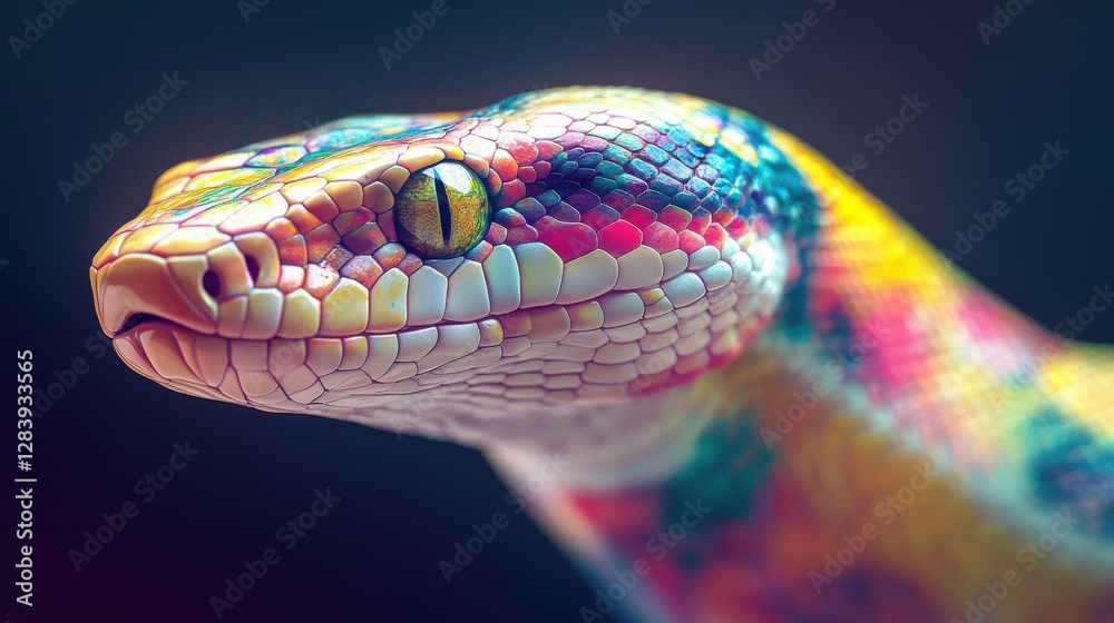 Obraz premium Colorful rainbow python close-up with vivid scales and intense details