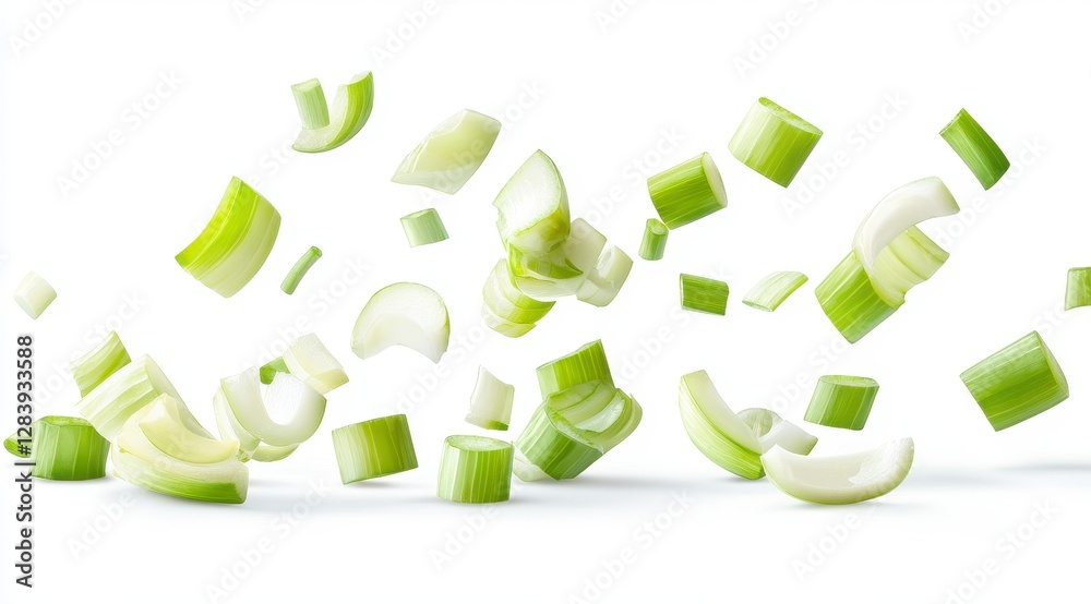 Scallion Explosion Freshly Sliced Greens Onion Fly Through Air with Isolated Pure White Backdrop Studio Scallion Explosion Freshly Sliced Greens Onion Fly Through Air with Isolated Pure White Backdrop Studio