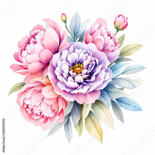 Watercolor pink magenta peony flowers bouquet.	