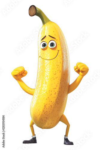A funny yellow banana cartoon character, a fresh and healthy tropical fruit