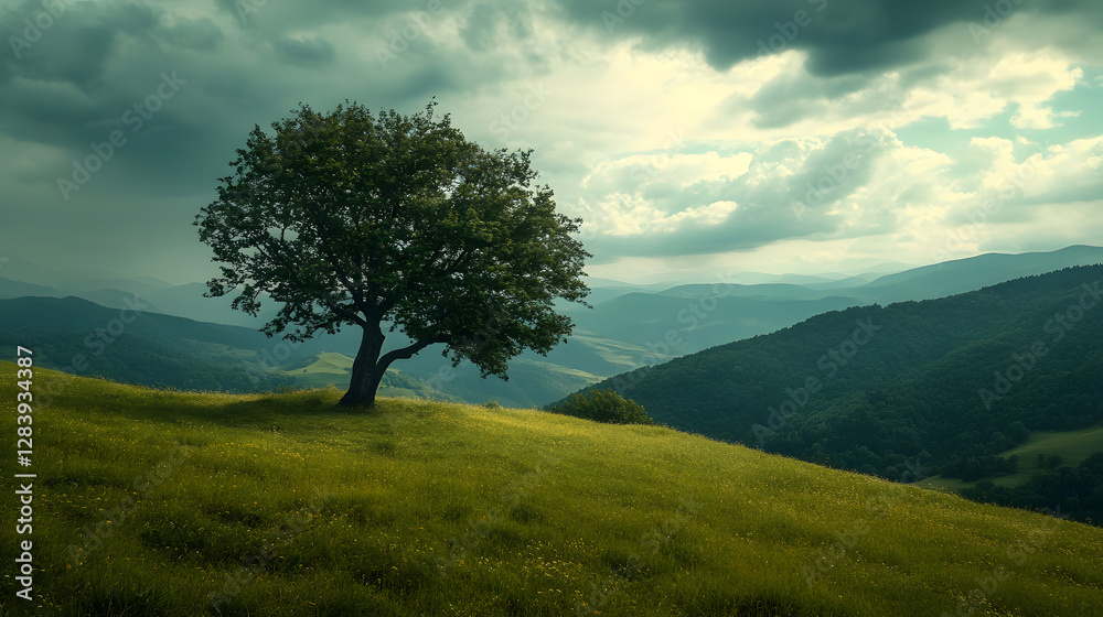 A tree stands on the grassy hill overlooking green mountains
A tree stands on the grassy hill overlooking green mountains