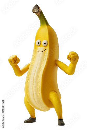A funny, yellow cartoon banana with a peeled skin, isolated on a white background