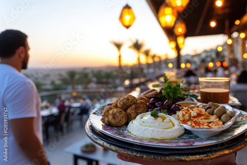 A captivating scene featuring a waiter presenting a Mediterranean platter with hummus, olives, and falafel, all set against a stunning sunset backdrop. photo