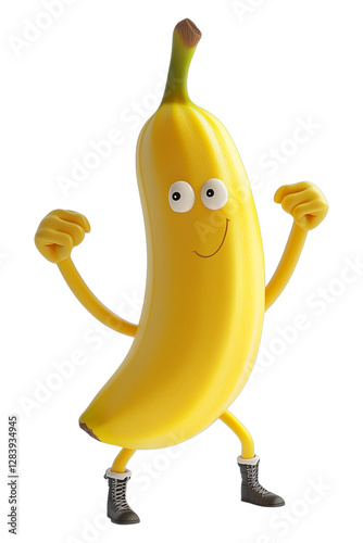 A funny cartoon banana character with a yellow peel, ripe and ready to be a delicious, healthy snack