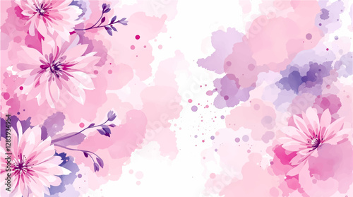 Pink watercolor flowers seamless pattern transparent background	