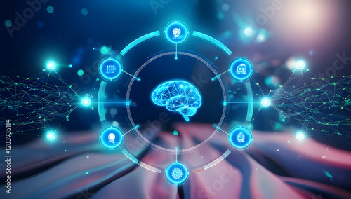 abstract blue background with glowing circles,human bren control AI agent and generative artificial intelligence.  jpg photo