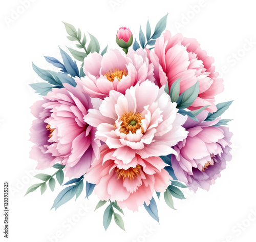 Watercolor pink magenta peony flowers bouquet.	