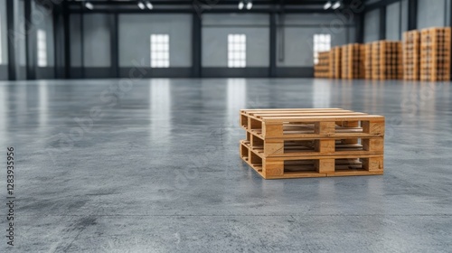 Empty warehouse interior with wooden pallets on smooth concrete floor