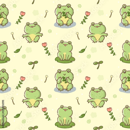Kawaii frog cartoon character seamless pattern isolated on background