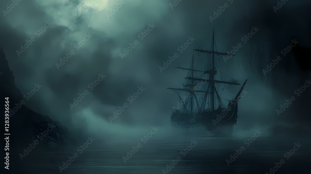 Mysterious ghostly ship emerges from the fog on a dark and haunting night evoking legends of the sea and the supernatural. Spectral Ship Lost in the Void. Illustration Mysterious ghostly ship emerges from the fog on a dark and haunting night evoking legends of the sea and the supernatural. Spectral Ship Lost in the Void. Illustration