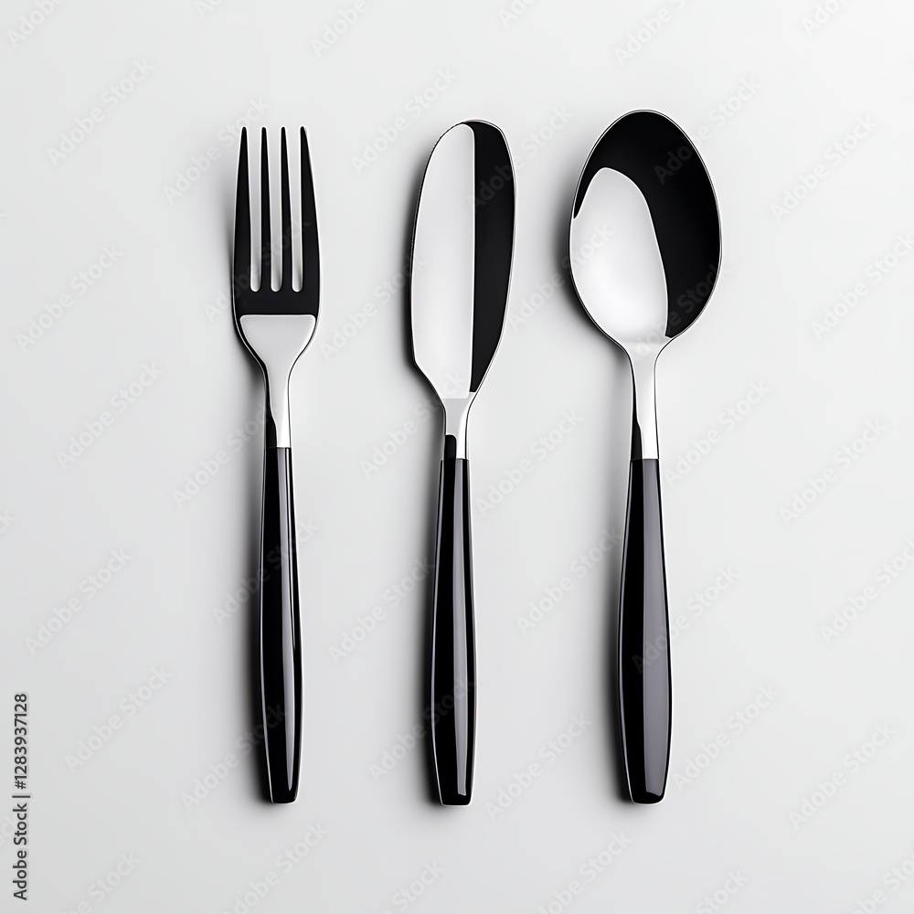Elegant and Minimalist Cutlery Set on Clean Background, Featuring Fork, Knife, and Spoon in Modern Design Elegant and Minimalist Cutlery Set on Clean Background, Featuring Fork, Knife, and Spoon in Modern Design
