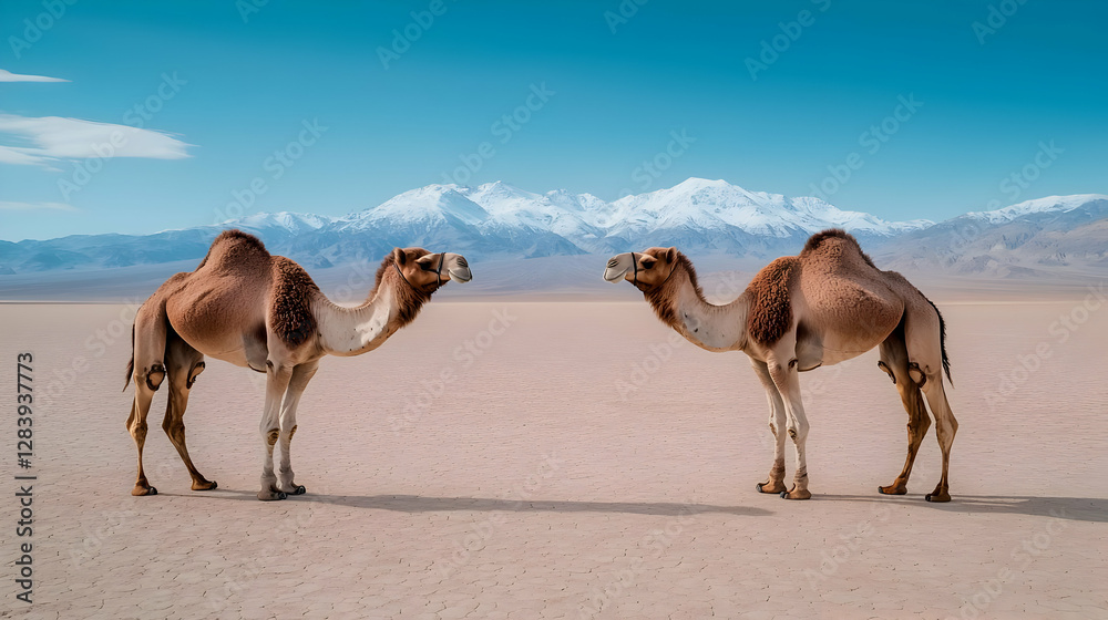 Fototapeta premium Two camels stand facing each other in a vast desert plain with snow-capped mountains under a clear blue sky.