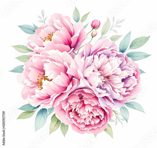 Watercolor pink magenta peony flowers bouquet