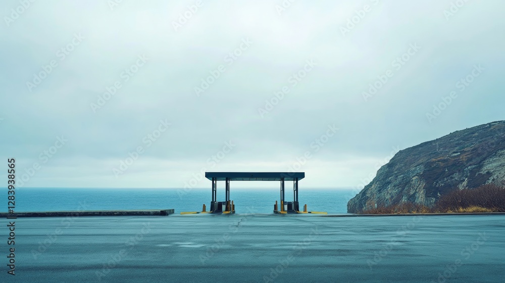 Toll booth along a scenic coastal road with a car approaching. Featuring seamless travel and coastal beauty Toll booth along a scenic coastal road with a car approaching. Featuring seamless travel and coastal beauty