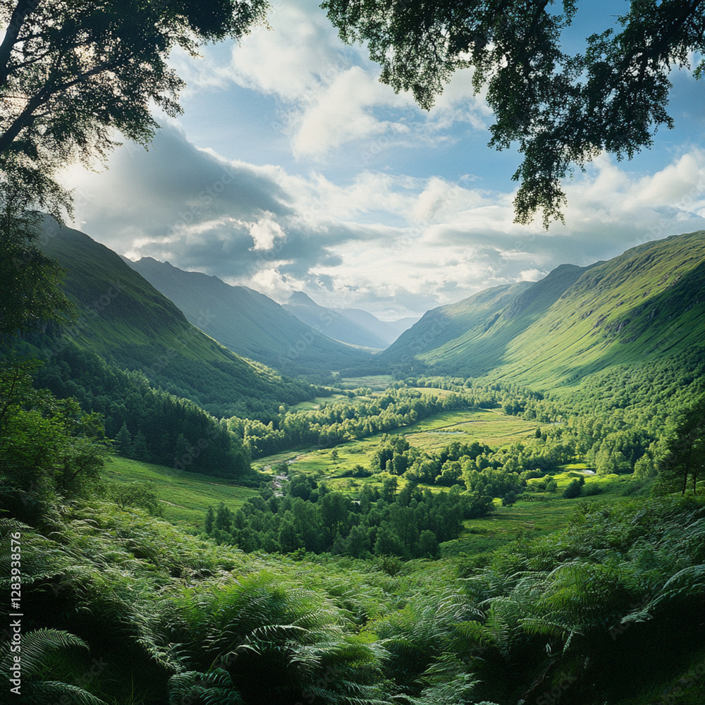 Fototapeta premium Wide angle view of a lush valley