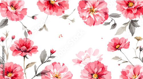 Red pions Watercolor flowers seamless pattern transparent background, Watercolor flowers seamless pattern