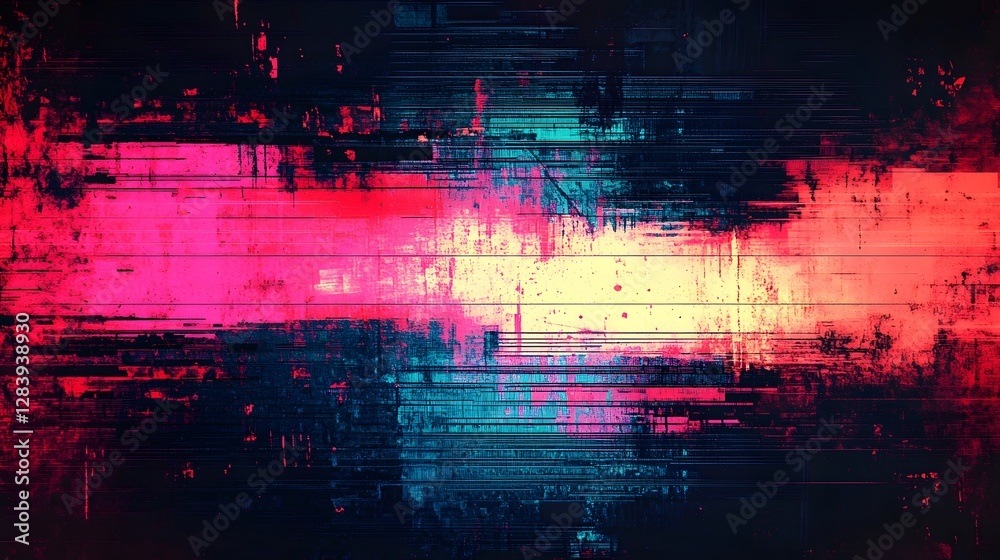 Obraz premium Mesmerizing abstract digital artwork featuring a glitched distorted and futuristic composition with vibrant neon lights dynamic color gradients and captivating visual patterns
