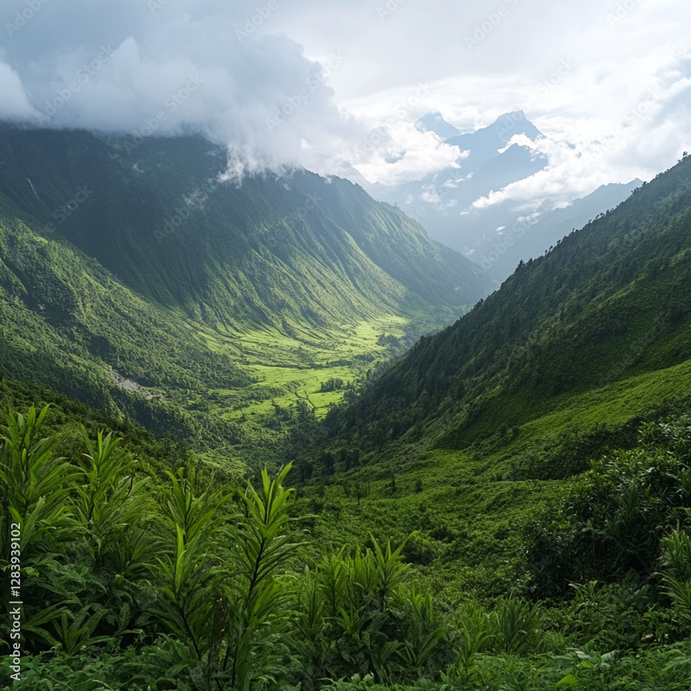 Fototapeta premium Wide angle view of a lush valley