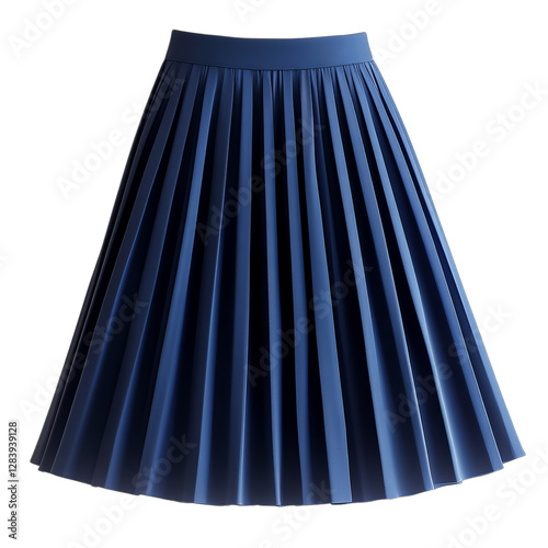 A Deep Blue Pleated Midi Skirt with Wide Waistband Isolated on Transparent Background