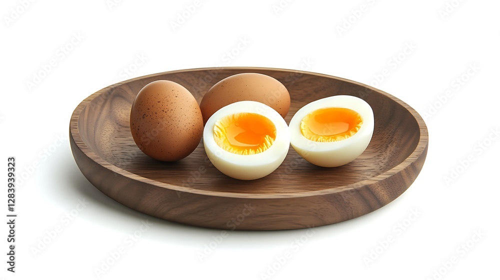 Half-sliced boiled eggs arranged artistically on a round wooden platter, highlighting the creamy yolks against a pure white. Half-sliced boiled eggs arranged artistically on a round wooden platter, highlighting the creamy yolks against a pure white.