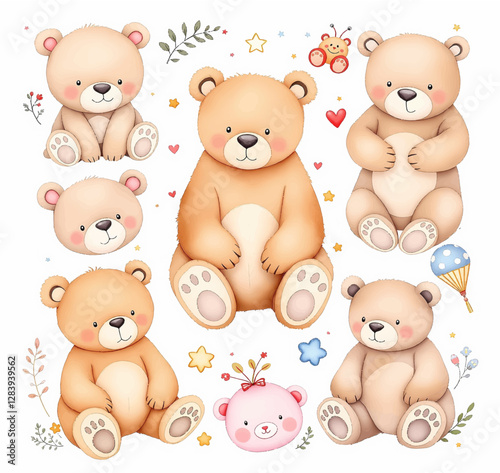 Adorable watercolor set teddy bear illustration with a pink bow, perfect for nursery decor and children's, Set bear watercolor	