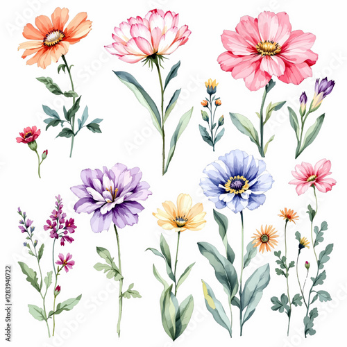 Watercolor Flowers set, hand-painted colorful flowers realistic for creative project, decor and design	