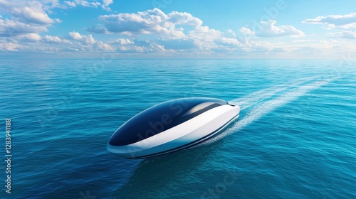 Futuristic Boat Gliding Across Calm Water Surface ,holiday summer 2025 Concept