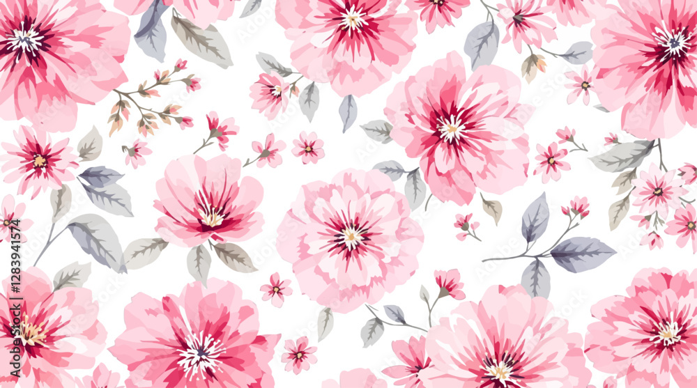 Hand drawn seamless pattern with watercolor Flower flowers. Elegant romantic background with pink flower and leaves on a white background Hand drawn seamless pattern with watercolor Flower flowers. Elegant romantic background with pink flower and leaves on a white background