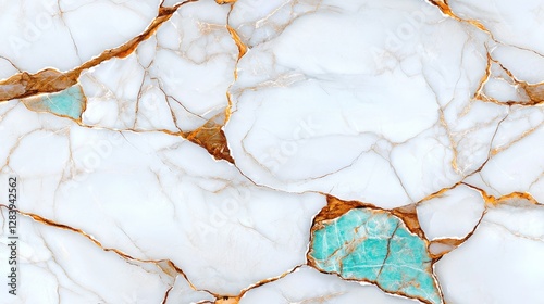 A stunning marble texture featuring white veins and turquoise accents, highlighted by elegant golden streaks, perfect for design inspiration.
