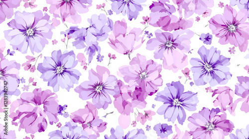 Hand drawn seamless pattern with watercolor flower flowers. Elegant romantic background with purple flower and leaves on a white background