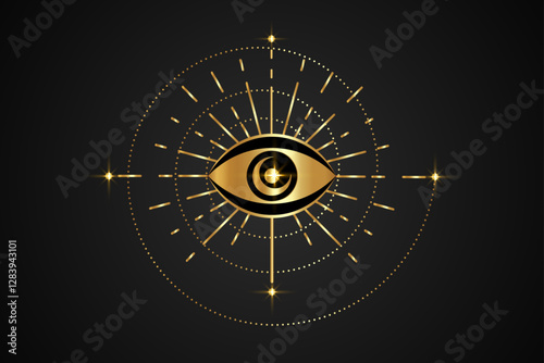 Gold Eye of Providence, Sacred Spiral, Masonic symbol. All seeing eye, Mystical logo icon in boho style, golden luxury design alchemy element, vector illustration isolated on black background