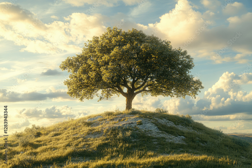 Fototapeta premium A lone, majestic tree stands atop a grassy hill under a vibrant, cloudy sky.
