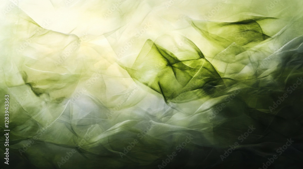 Obraz premium An abstract design of crumpled green leaves, with soft, blurred backgrounds and gentle textures, evoking a sense of organic movement.