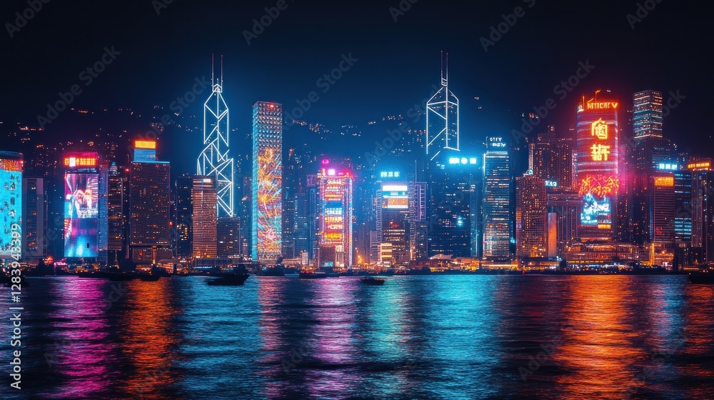 Fototapeta premium Hong Kong skyline at night, vibrant city lights reflected on water, illuminated buildings
