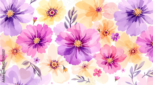 Pink watercolor flowers seamless pattern transparent background