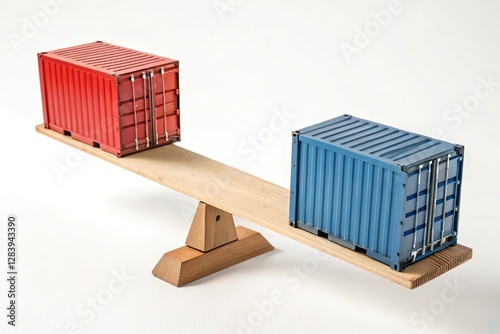 Red and blue containers on seasaw scale. Trade balance concept photo