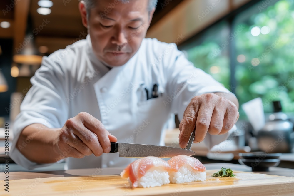 An experienced sushi chef artfully arranges sushi on a wooden board, capturing the essence of Japanese cuisine through meticulous technique and beautiful presentation. An experienced sushi chef artfully arranges sushi on a wooden board, capturing the essence of Japanese cuisine through meticulous technique and beautiful presentation.