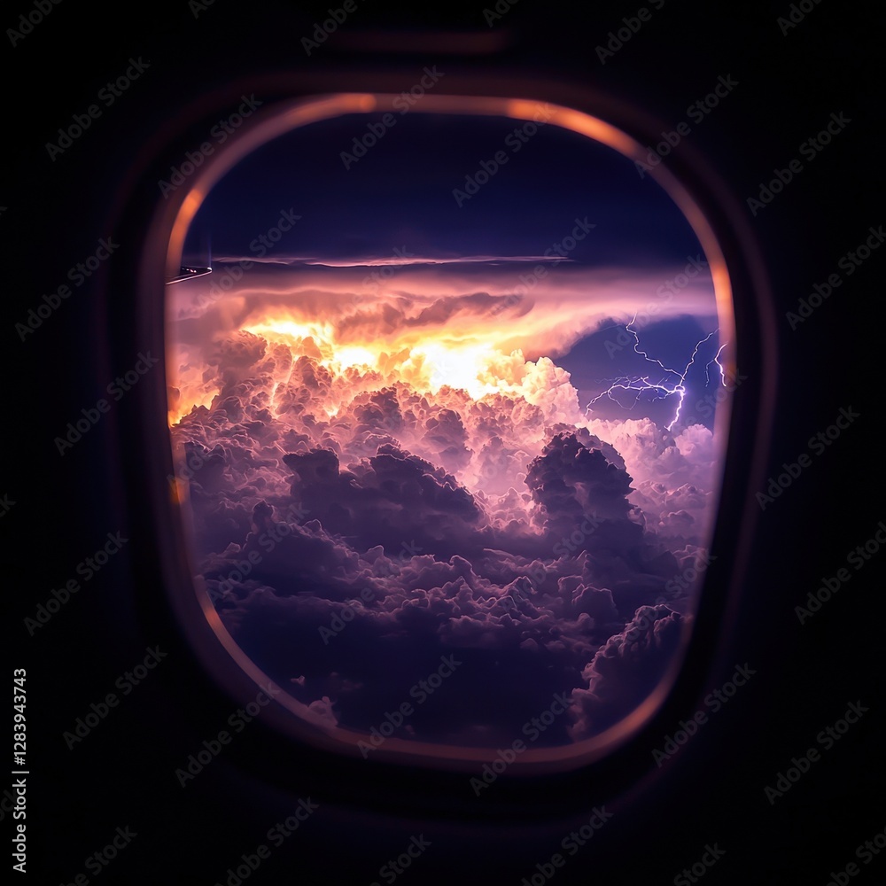Dramatic Lightning Bolt Illuminating Clouds from Airplane Window View Dramatic Lightning Bolt Illuminating Clouds from Airplane Window View
