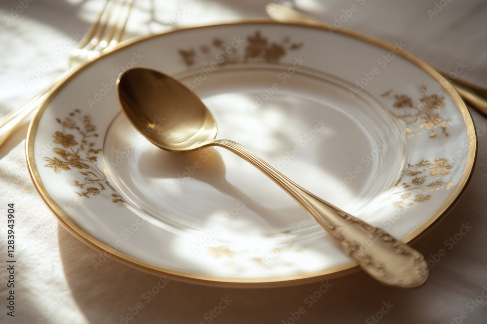 Elegant Place Setting with Golden Spoon and China Elegant Place Setting with Golden Spoon and China