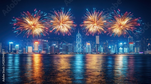 Hong Kong Fireworks Celebration Skyline at Night photo